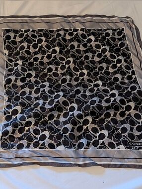 Vintage COACH 100% Silk Square Scarf - Black/Grey Signature Monogram - Y2K